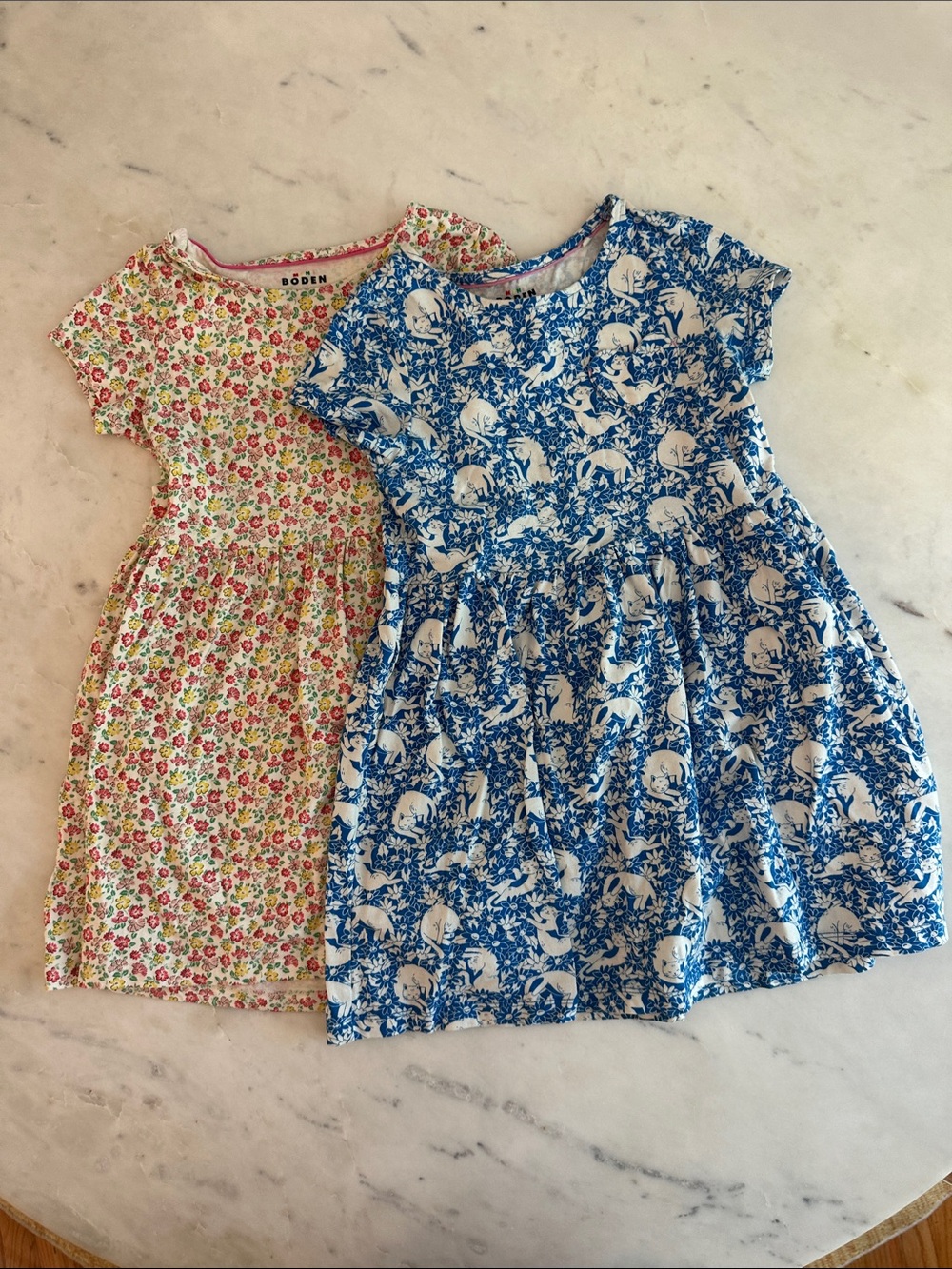 2 Mini Boden Blue & Pink Floral and Cat Print Cotton Dresses Size 7-8